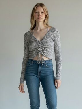 Live Love Dream Ruched V-Neck Long Sleeve Crop Top - Heather Gray
